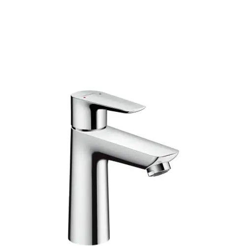 Einhebel-Waschtischmischer mit chromfarbener Oberfläche und seitlichem Hebel von Hansgrohe, ausgestattet mit einem Auslauf und einer Zugstangen-Ablaufgarnitur.